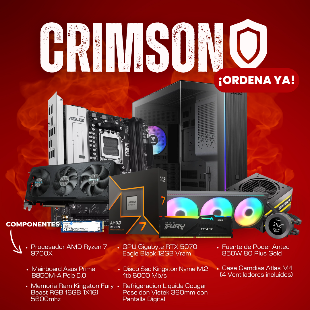 Procesador AMD Ryzen 5 8400F (31) PC CRIMSON / AMD RYZEN 7 9700X / GIGABYTE EAGLE BLACK OC RTX 507012GB / 16GB RAM / 1000GB M.2 / REFRIGERACION LIQUIDA PANTALLA DIGITAL/ 850W - Imagen 1