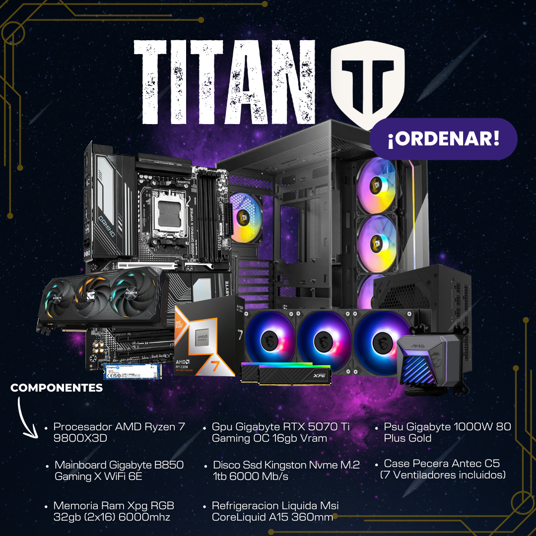 Procesador AMD Ryzen 5 8400F (31) PC TITAN / AMD RYZEN 7 9800X3D / RTX 5070 TI GAMING OC 16GB / 32GB RAM / 1000GB M.2 / ENFRIAMIENTO LÍQUIDO 360MM / 1000W - Imagen 1