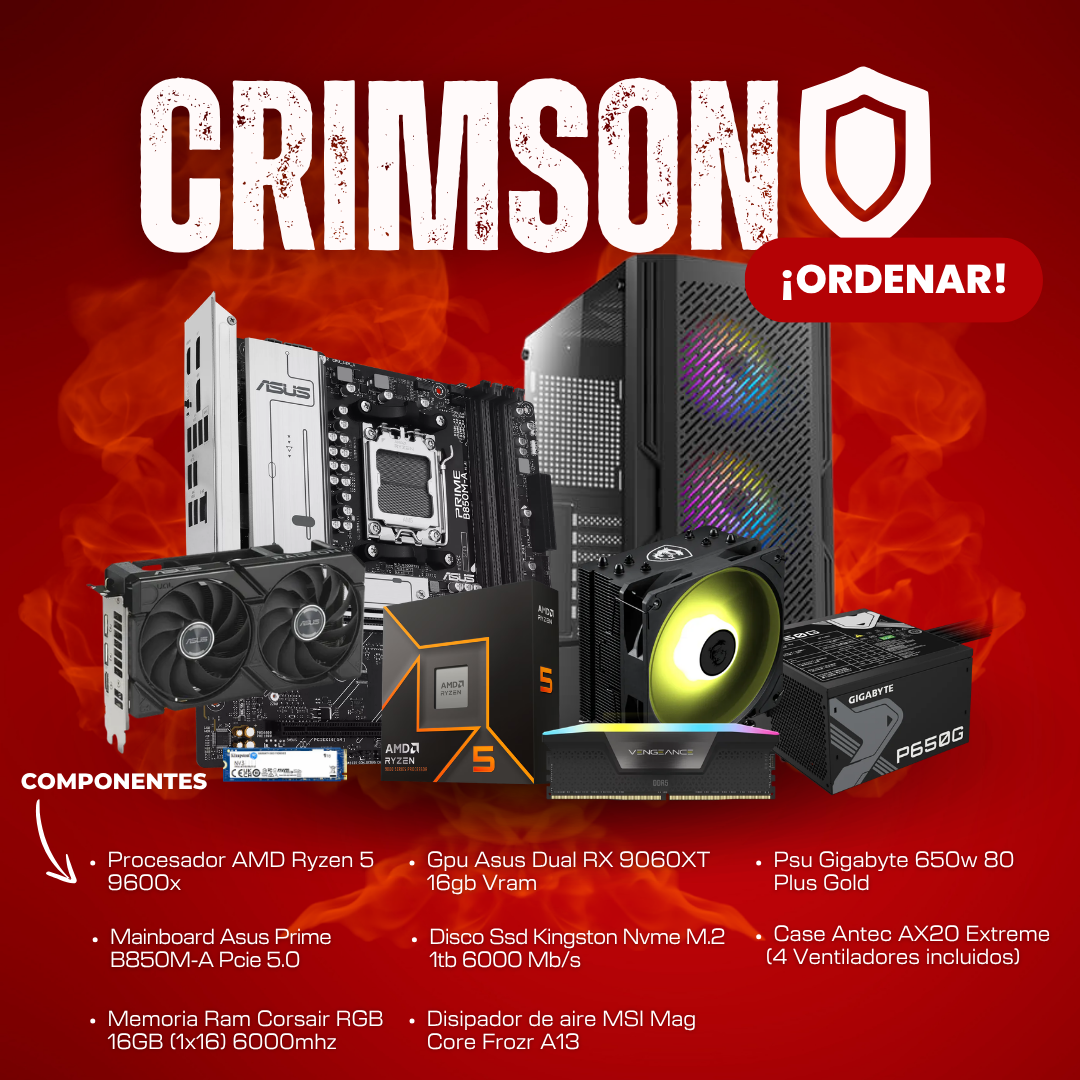 Sin título (1080 x 1080 px) (1) Promotional banner Crimson with PC components (CPU, GPU, motherboard, RAM, SSD, PSU) on a red background for a tech sale.