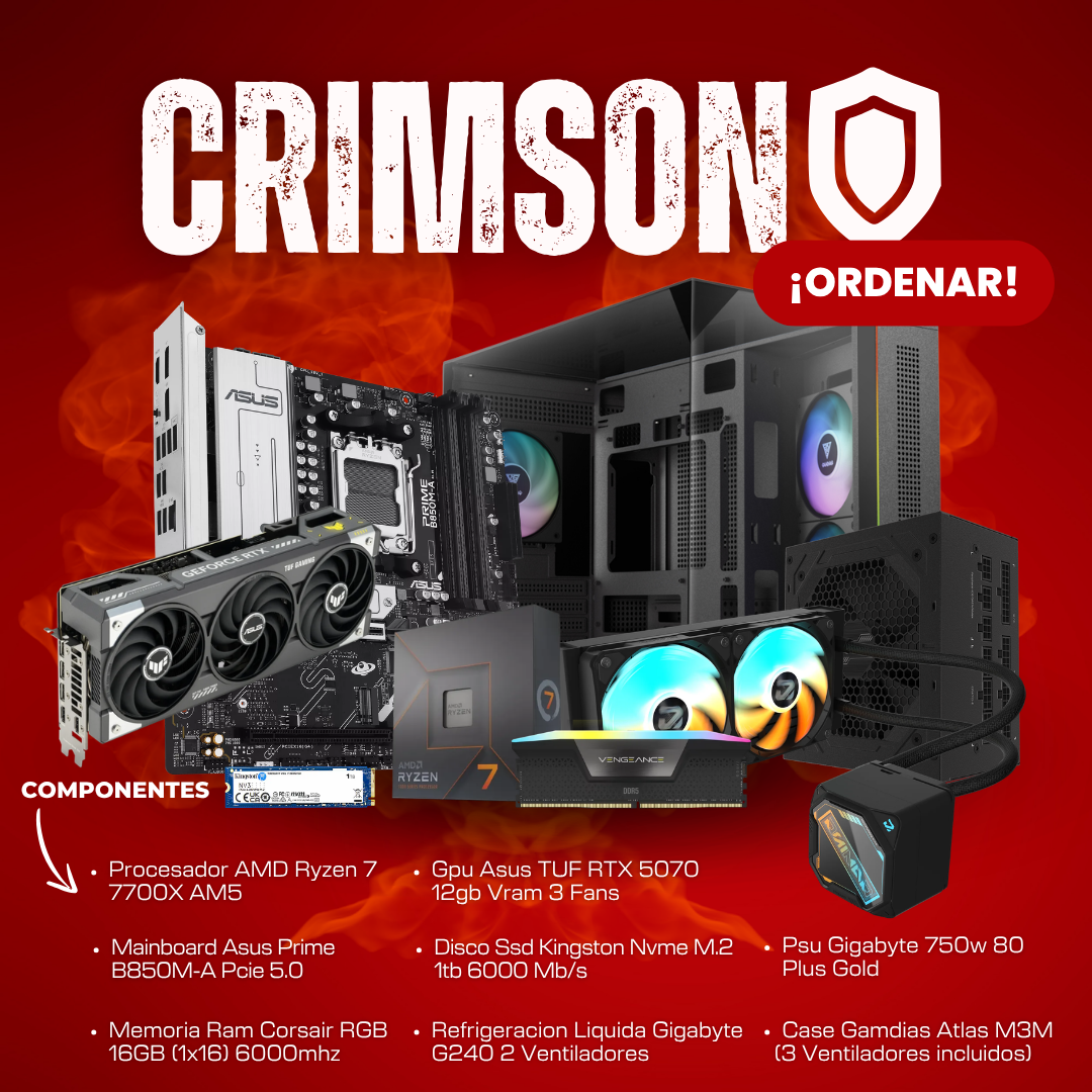 Sin título (1080 x 1080 px) (3) PC CRIMSON / AMD RYZEN 7 7700X / ASUS TUF RTX 5070 GAMING OC 12GB / 16GB RAM / 1000GB M.2 / REFRIGERACION LIQUIDA / 750W - Imagen 1