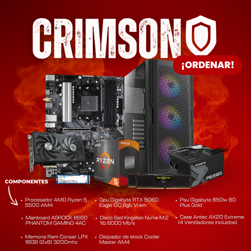 Red advertisement showcasing a gaming PC build with a motherboard, graphics card, CPU box, RAM, and power supply on a fiery red background with a list of components in Spanish.