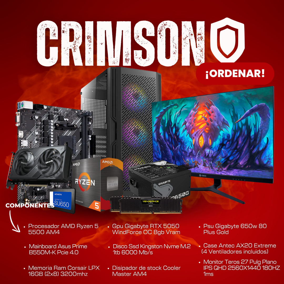 Sin título (1080 x 1080 px) (12) PC CRIMSON CON MONITOR / RYZEN 5 5500 / RTX 5050 8GB VRAM / 500GB TB / 16GB RAM / DISIPADOR DE STOCK / 650W 80+ GOLD / ANTEC AX20 EXTREME / MONITOR TEROS 27 PULGADAS PLANO IPS QHD 2560X1440 180HZ 1MS - Imagen 1