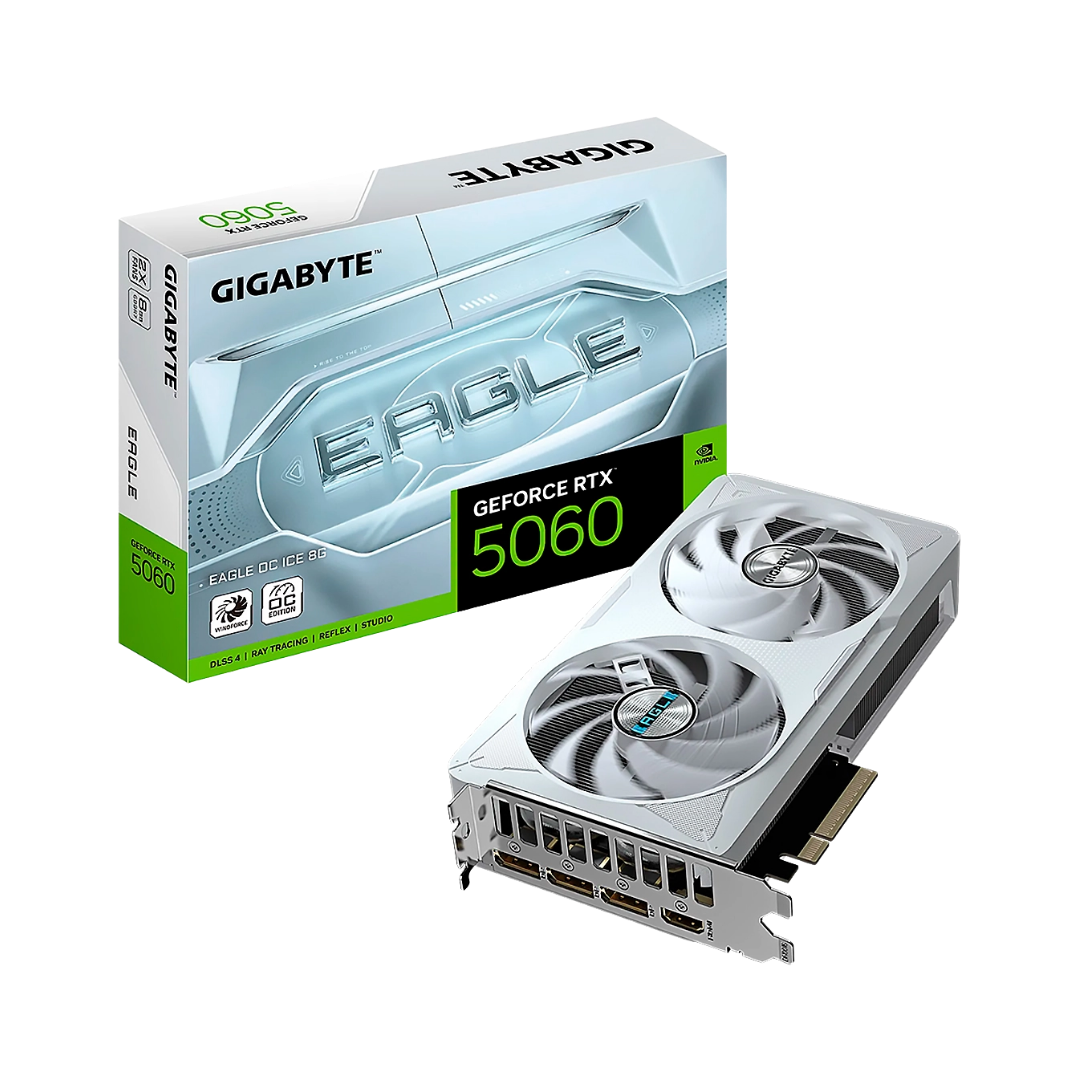 FOTOS WEB 2 - 2026-08-03T132407.635 GIGABYTE GEFORCE RTX 5060 EAGLE OC ICE 8GB GDDR7 – GPU PCIe 5.0, DLSS 4, RAY TRACING, 128 BITS, DISEÑO DE 2 VENTILADORES, BLANCO - Imagen 1