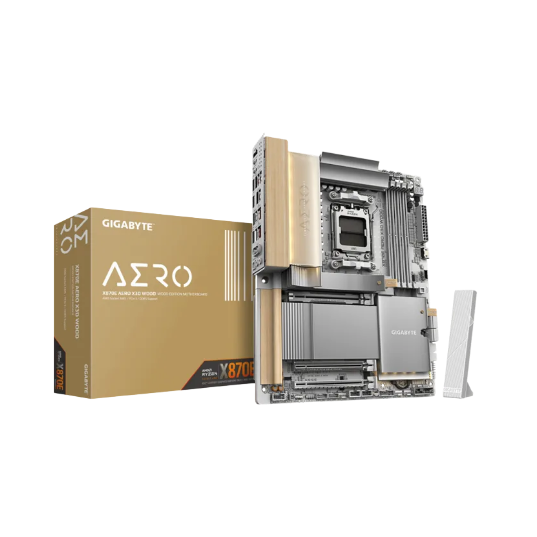 FOTOS WEB 2 - 2026-08-11T121149.343 GIGABYTE X870E AERO X3D WOOD – PLACA BASE E-ATX PARA AMD RYZEN SERIES 7000/8000/9000, AM5, 4×DDR5, WIFI 7, 4×M.2, PCIe 5.0 - Imagen 1