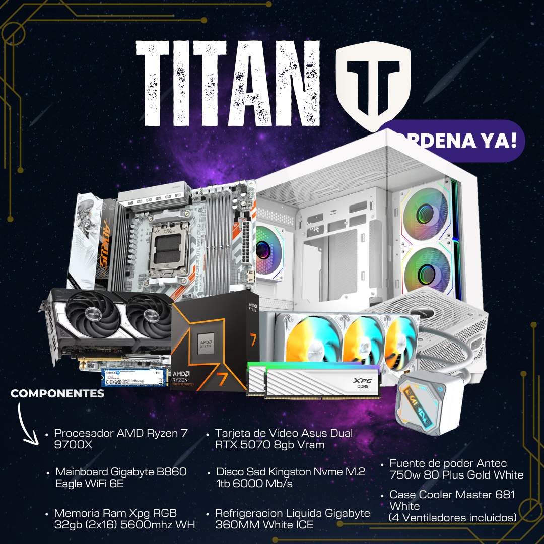 Procesador AMD Ryzen 5 8400F (24) PC TITAN/ RYZEN 7 9700X / RTX 5070 12GB / 32GB RAM / 1000GB M.2 / ENFRIAMIENTO LIQUIDO 360MM / 750w - Imagen 1