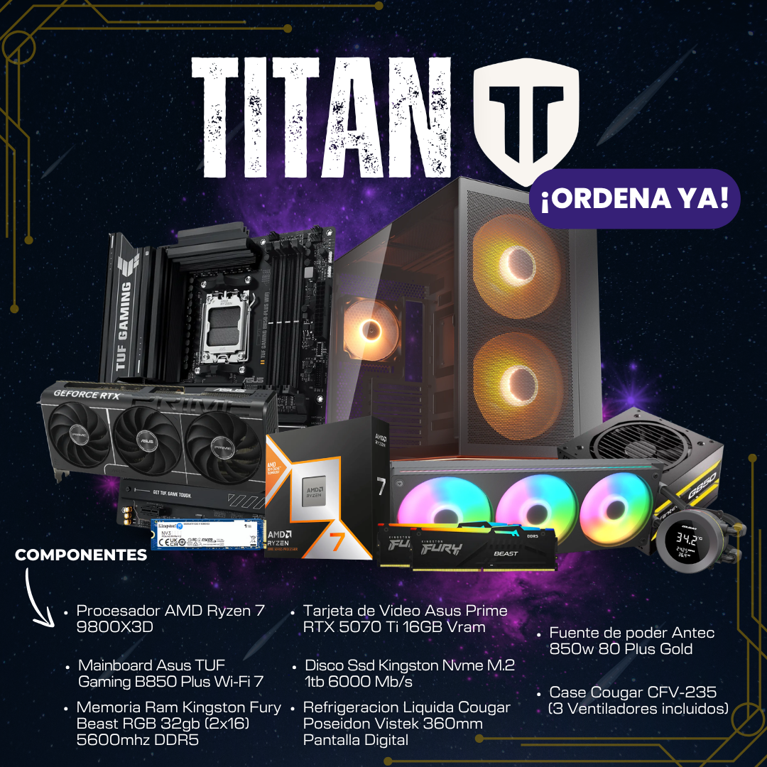 Procesador AMD Ryzen 5 8400F (28) PC TITAN/ RYZEN 7 9800X3D / RTX 5070 TI 16GB / 32GB RAM / 1000GB M.2 / ENFRIAMIENTO LIQUIDO 360MM / 850W - Imagen 1